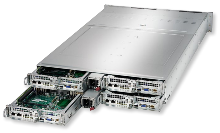 Rear View of 2U BigTwin Server System Showing 4 Hot-swap DP Nodes and 2 Redundant Power Supplies